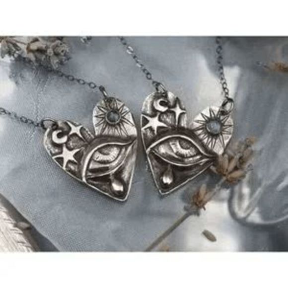 Silver Celestial Moonstone Crying Eye Sun Heart Pendant Necklace - Picture 5 of 9